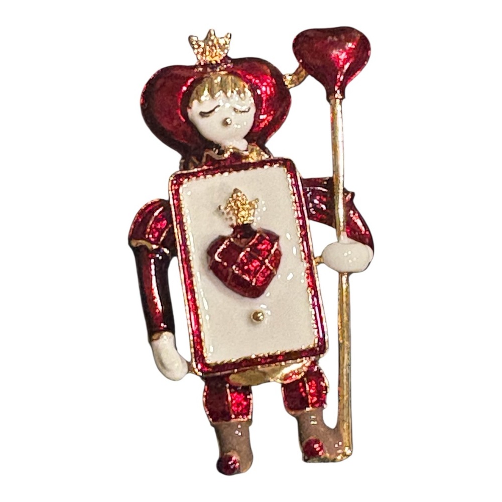 Queen of Hearts Inspired Figural Enamel Brooch Red Gold Tone J27